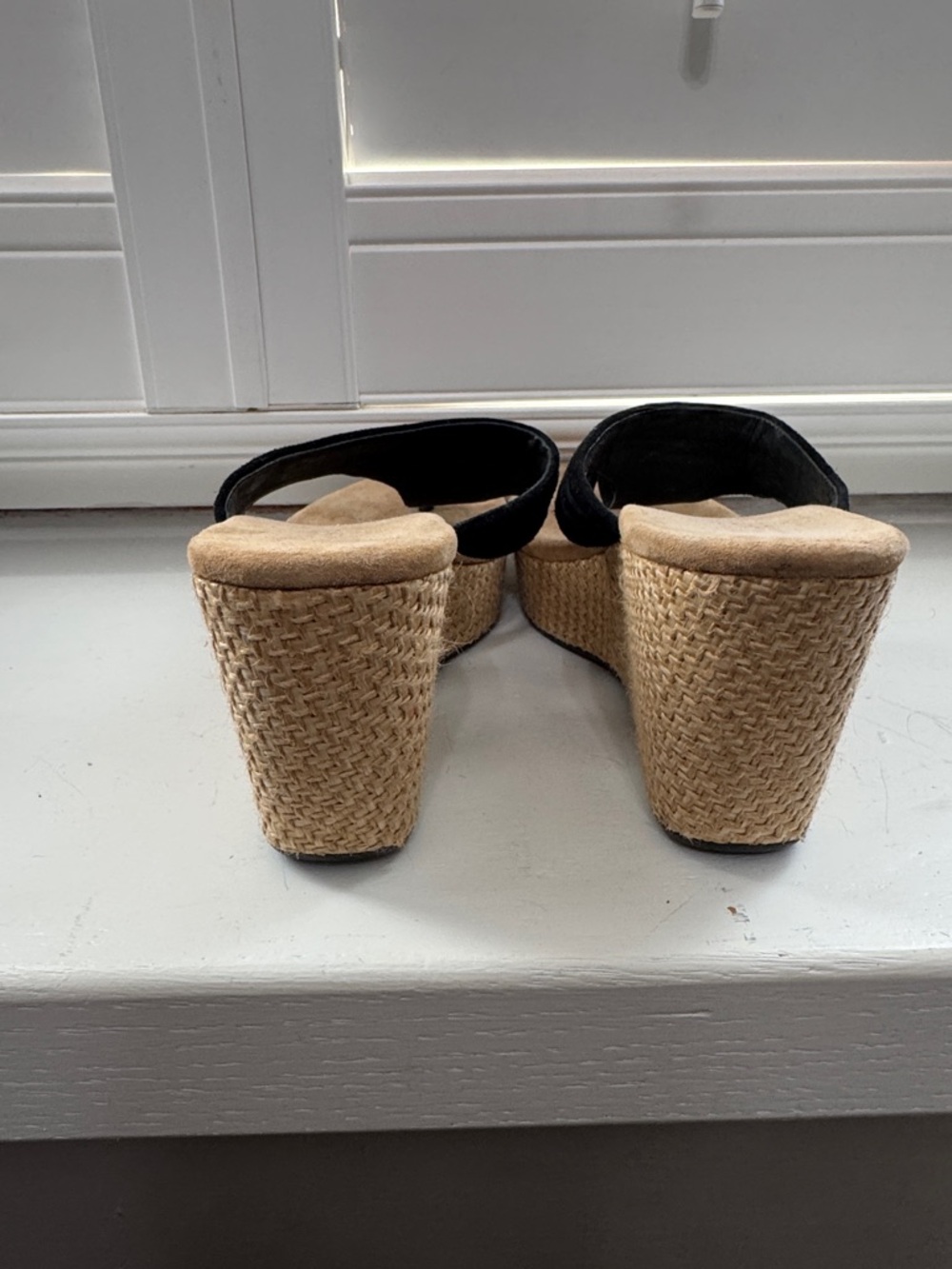 UGG Black Suede Wedge Thong Sandals with Tan Platform - Picture 5 of 6
